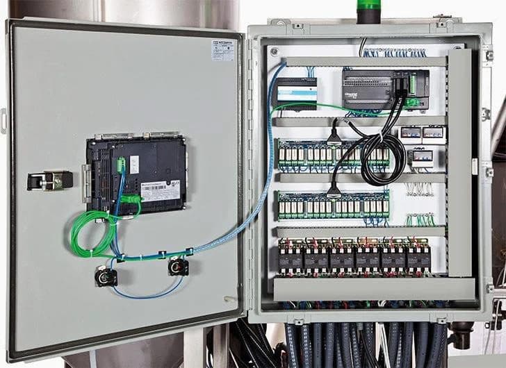 Industrial electrical control panel with PLC and wiring